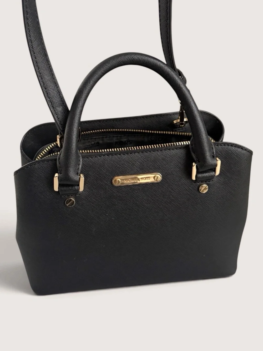 Michael Kors Small Saffiano Leather Top Handle Satchel Crossbody Bag Black Gold